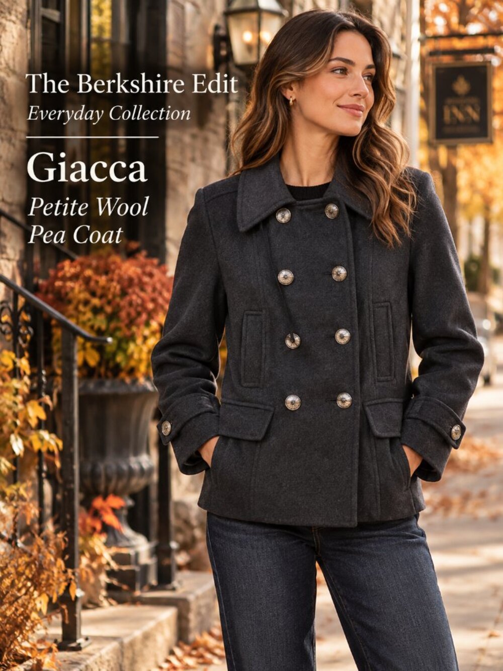 Giacca Petite M Charcoal Wool Double Breasted Pea Coat Military Jacket